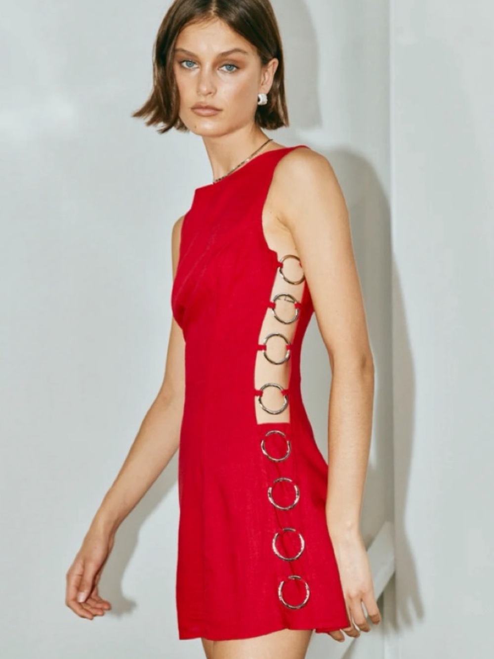 VRG GRL Discoteca Ring-Detail Linen Mini Dress in Red size 4